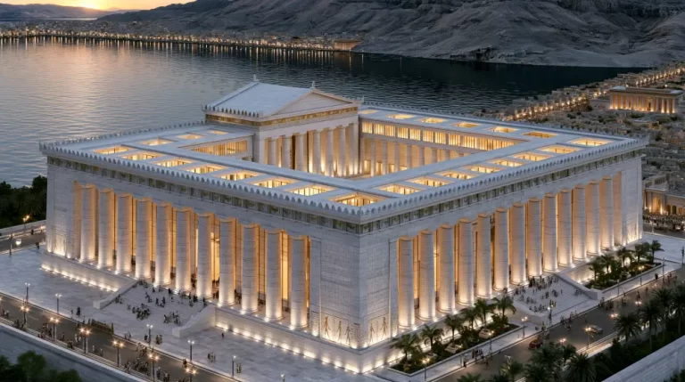 Grand temple complex of ancient Thebes beside the Nile at sunset.