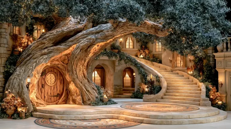 A round wooden door built into the base of a massive ancient tree trunk next to a grand curving stone staircase leading up to warm lit windows