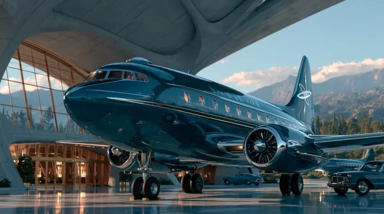 A sleek dark teal retro-futuristic passenger airplane parked on the tarmac outside a modern concrete hangar with large glass windows