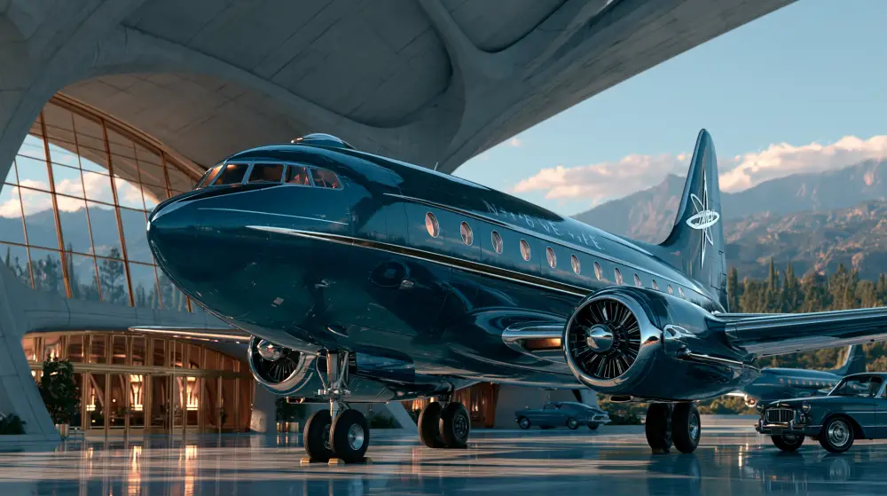 A sleek dark teal retro-futuristic passenger airplane parked on the tarmac outside a modern concrete hangar with large glass windows