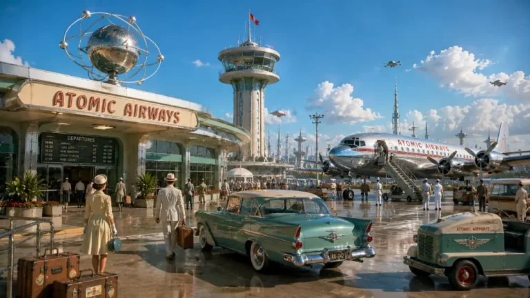 A retro-futuristic airport terminal with an Atomic Airways sign, a vintage turquoise car in the foreground, passengers carrying luggage, and a propeller plane on the tarmac