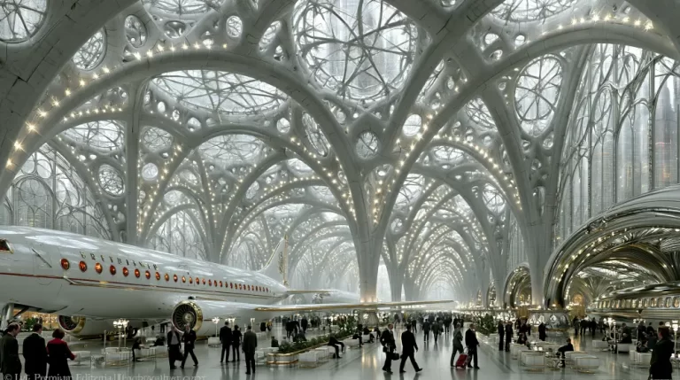 A grand airport terminal with intricate white biomorphic arched ceilings, a parked luxury passenger airplane, and people walking across a polished floor