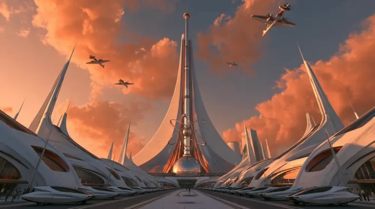 A towering futuristic spire with a chrome atomic emblem stands in a grand plaza lined with sleek white buildings and futuristic vehicles under a sunset sky