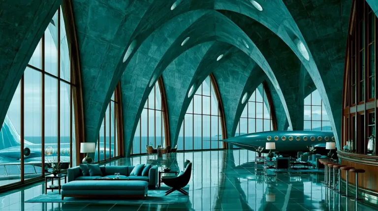 A massive teal concrete hangar lounge with vaulted cathedral ceilings, plush sofas, bar stools, and huge arched windows overlooking a turquoise sea with passenger planes