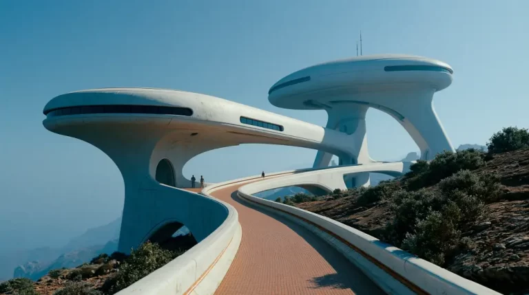 Two white retro-futuristic mushroom-shaped observation towers connected by an elevated curving bridge pathway on a rocky mountain slope