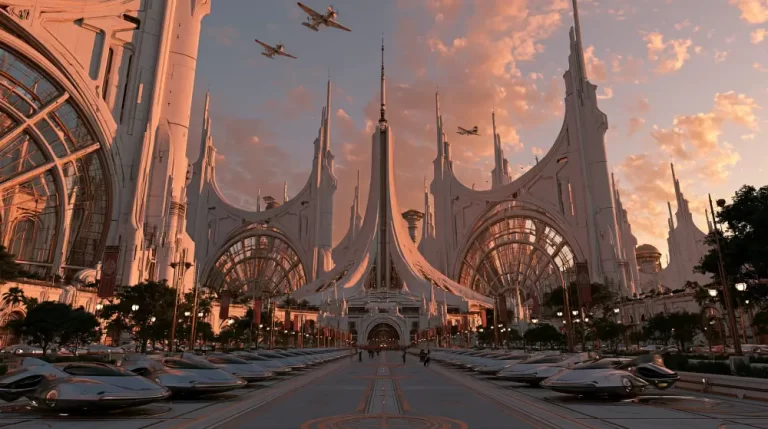 A grand palace plaza with towering white spires, massive glass arches, parked sleek futuristic pod vehicles, and retro airplanes flying in the sky