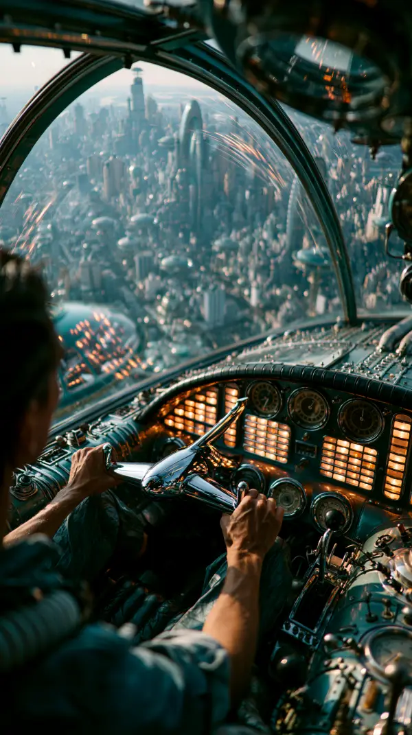 Pilot inside a retro-futuristic bubble car cockpit overlooking a sprawling atomic city skyline through a panoramic canopy.