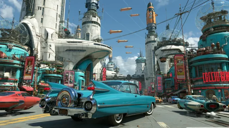 A busy retro-futuristic city street with a classic blue car in the foreground, hovering vehicles, neon signs, and soaring white towers under a blue sky filled with airships