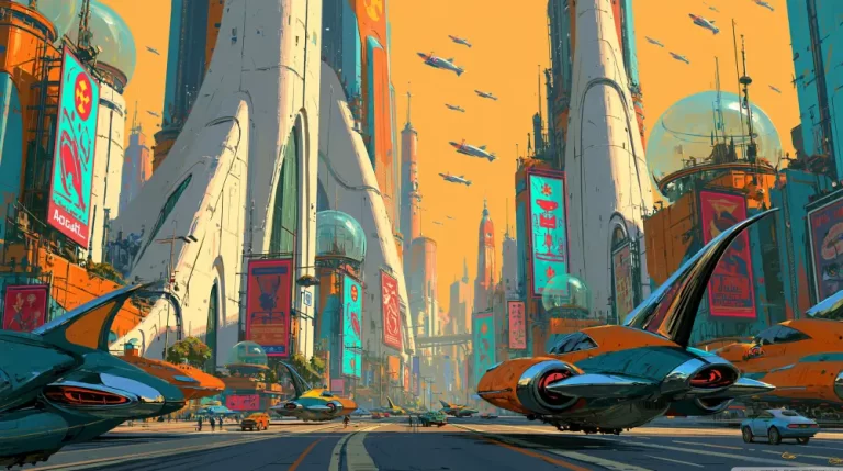A bustling retro-futuristic city avenue with towering white skyscrapers, bright orange skies, hovering spaceships, and vintage cars on the street