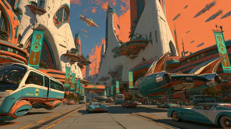 A busy retro-futuristic city street with a flying blue bus, vintage sports cars, hovering vehicles, and massive white skyscrapers against an orange sky