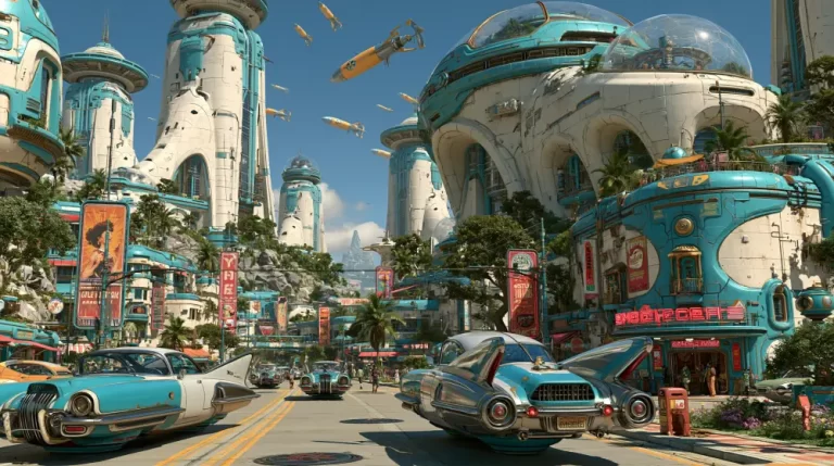 A busy retro-futuristic city street with hover cars, retro banners, and massive turquoise domed towers built into a lush green hillside with small aircraft flying above