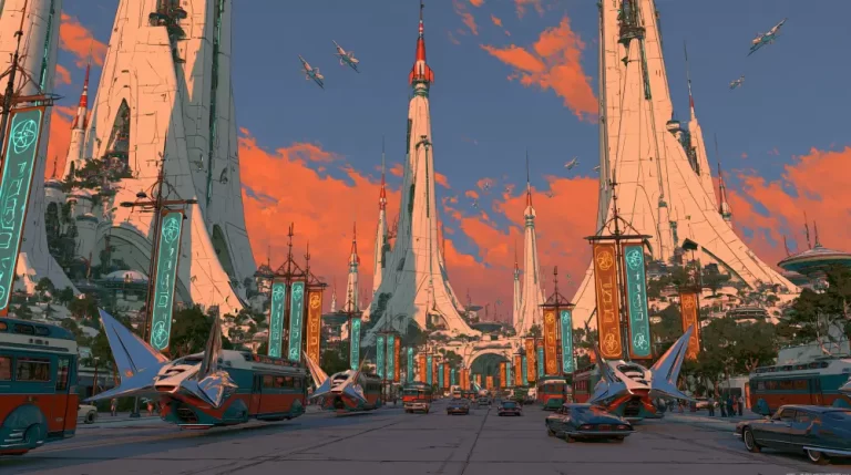 A wide retro-futuristic city avenue with towering white spires resembling rockets, hovering transport buses, and classic cars under an orange sunset sky
