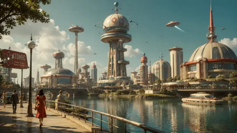 A retro-futuristic city with atomic architecture towers alongside a wide river where a boat sails, featuring people walking on a promenade