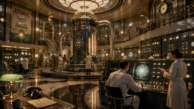 A retro-futuristic control room with scientists in white lab coats operating complex control panels around a massive central atomic reactor