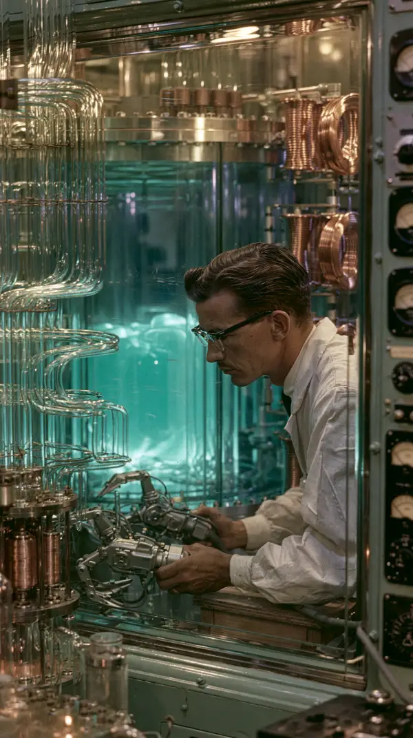 Scientist operating precision controls inside a retro-futuristic atomic energy laboratory filled with reactor equipment and glass conduits.