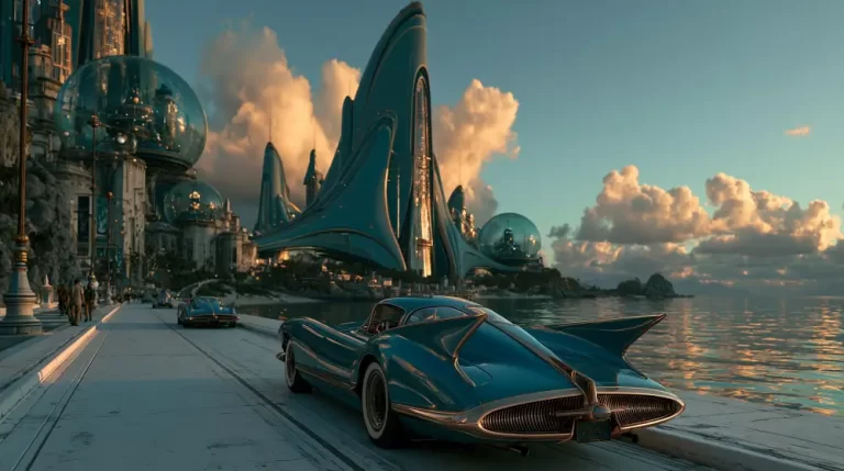 A sleek blue retro-futuristic concept car with prominent tail fins drives along a scenic coastal highway toward a towering architectural city with glass domes
