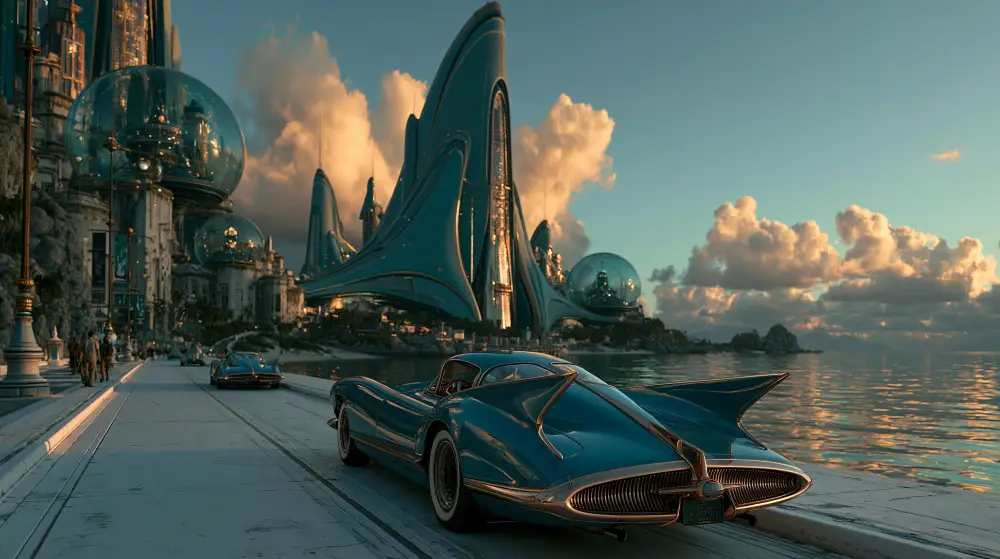 A sleek blue retro-futuristic concept car with prominent tail fins drives along a scenic coastal highway toward a towering architectural city with glass domes