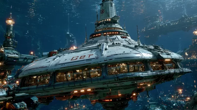A massive retro-futuristic underwater base shaped like a flying saucer with lit windows submerged deep in the ocean with distant submarine structures