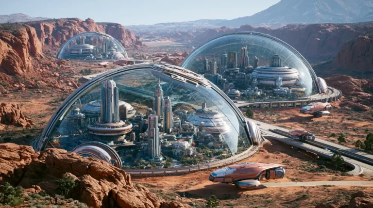 A series of large transparent bio-domes containing futuristic cities built inside a rocky red desert canyon, with streamlined vehicles traveling on highways between them