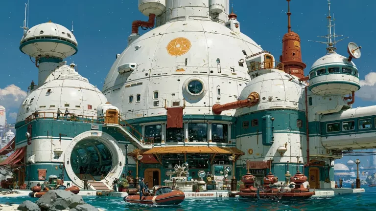 A retro-futuristic coastal facility with white and teal domed structures featuring an atomic logo, outdoor pipes, and speedboats docked in the turquoise water
