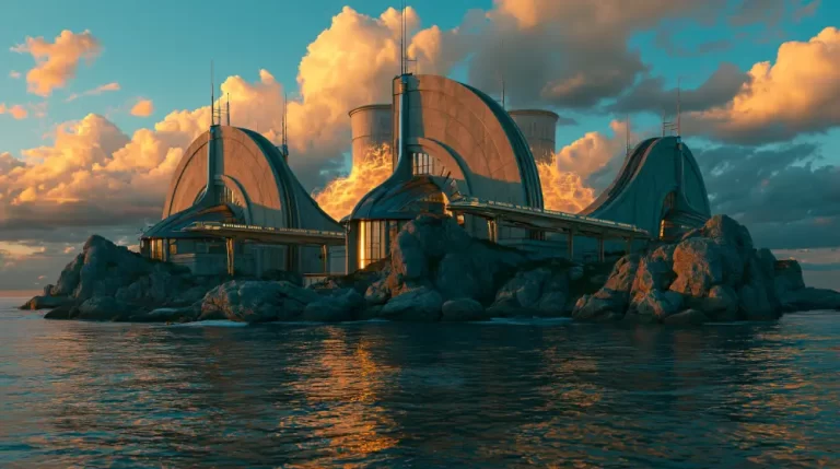A retro-futuristic nuclear power plant built on a rugged rocky island in the middle of the sea under dramatic sunset clouds
