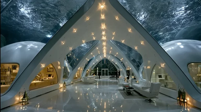 A retro-futuristic underwater facility with an arched glass ceiling showing ocean water above, sleek white pods, and a modern lounge area