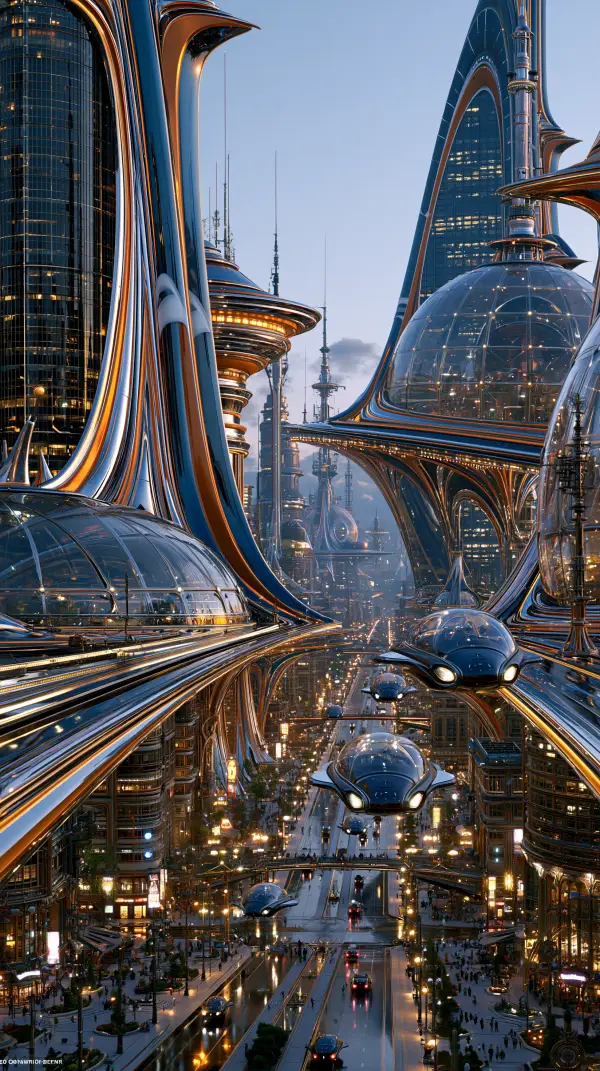 A retro-futuristic Googie megacity with soaring skyways, glass domes, streamlined flying vehicles, and bustling streets below.