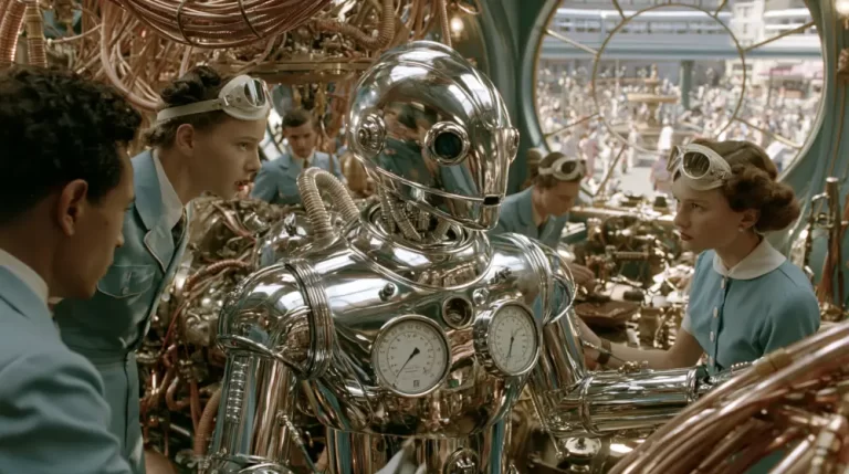A gleaming chrome retro-futuristic humanoid robot with chest pressure gauges surrounded by scientists in blue uniforms inside a laboratory