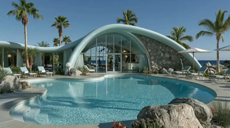 A retro-futuristic luxury villa with a large curved glass archway and a stone wall, featuring a pristine swimming pool, lounge chairs, and palm trees overlooking the sea