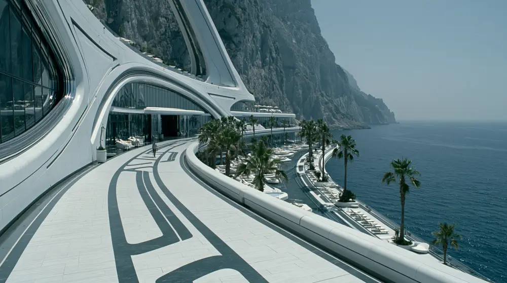 A sweeping white retro-futuristic resort built into a steep rocky cliffside, featuring outdoor terrace walkways, palm trees, and panoramic ocean views