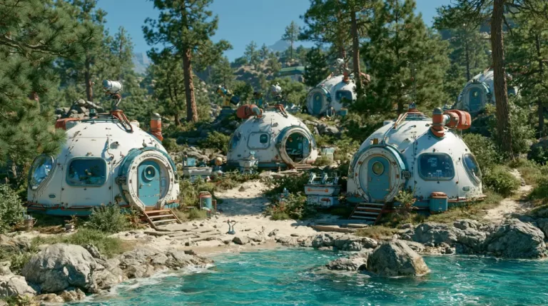A series of white retro-futuristic domed cabins with round windows and blue doors situated on a rocky shoreline surrounded by pine trees