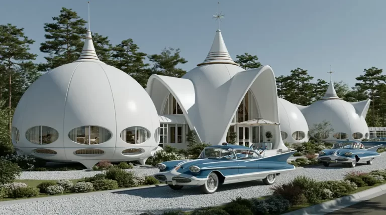 A retro-futuristic estate featuring organic white domed buildings with pointed spires and two classic blue convertible cars parked on a gravel driveway surrounded by pine trees