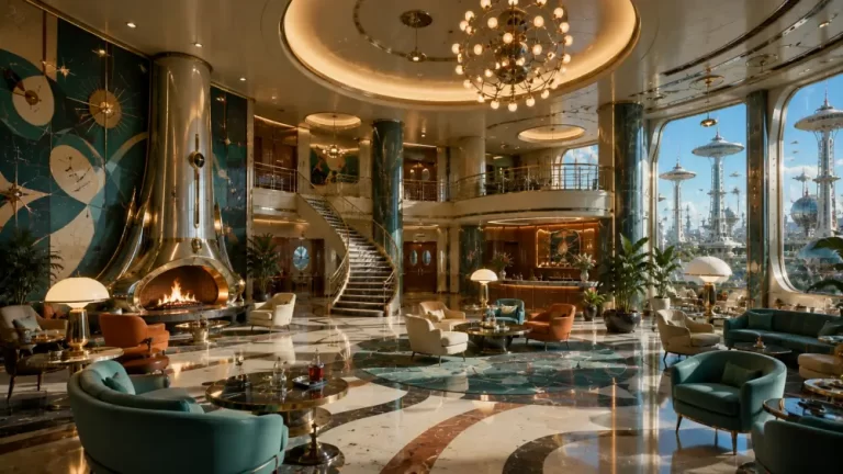 A grand mid-century modern lobby with a large fireplace, plush teal and orange armchairs, an ornate spiral staircase, and large windows revealing a futuristic cityscape