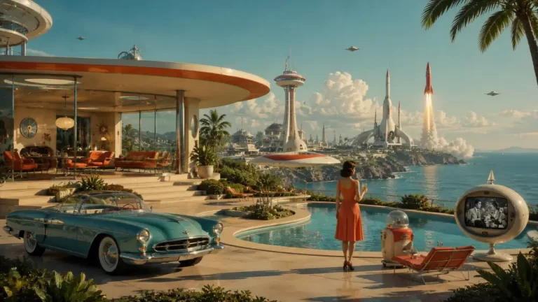 A retro-futuristic luxury villa with a swimming pool and a classic blue convertible car, looking out towards a futuristic city and a rocket launching over the sea