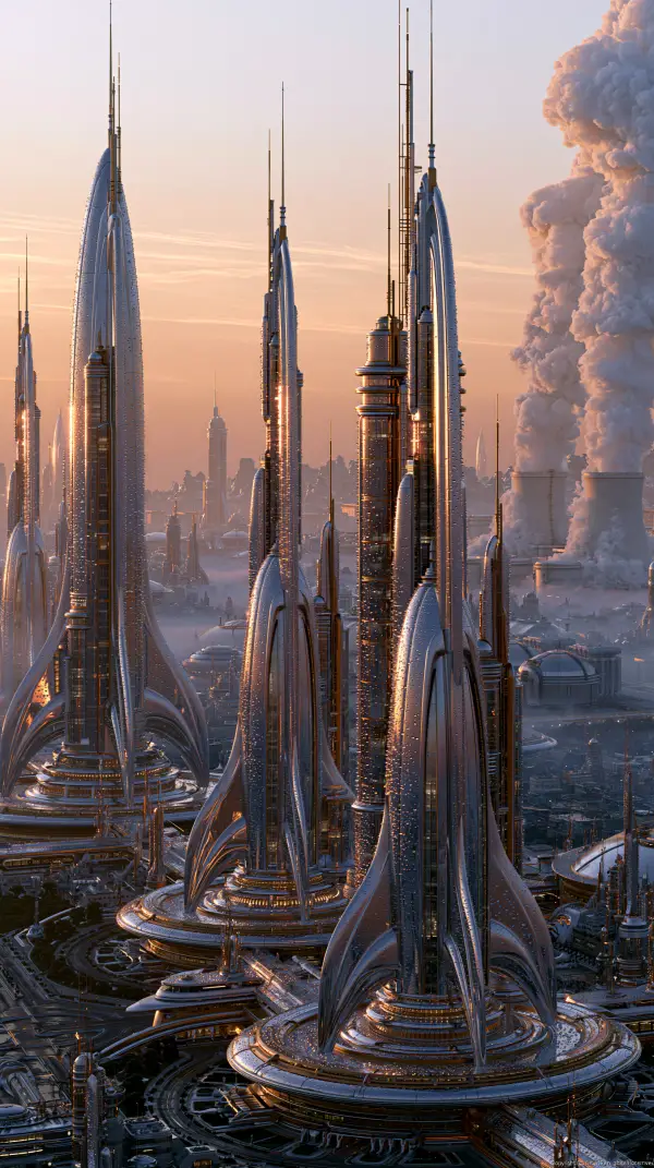 Towering atomic-age skyscrapers rise above a futuristic megacity during golden hour with sleek retro-futuristic architecture.