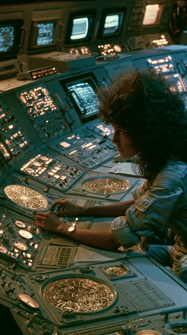 A retro-futuristic chief operator monitors glowing radar displays and analog instruments inside a sophisticated atomic control room.