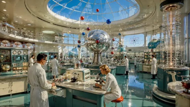 A brightly lit mid-century modern laboratory with scientists in white coats working near a giant metallic atomic model under a large glass dome