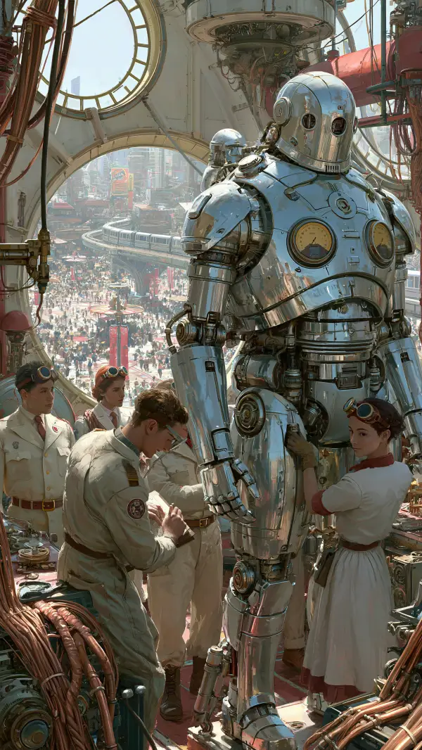 Engineers perform maintenance on a giant retro-futuristic robot inside a bustling atomic-age workshop overlooking a futuristic city.