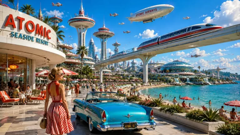 A retro-futuristic beach resort featuring a woman in a striped dress, a classic blue convertible car, a monorail track, and an airship flying over the sea