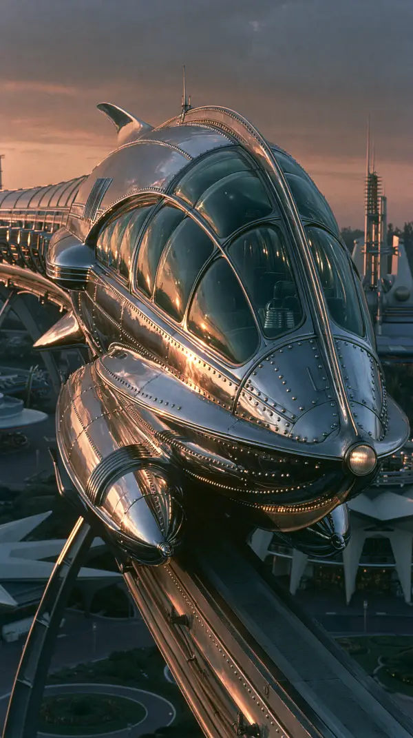 Close-up of a streamlined retro-futuristic atomic monorail arriving at a sleek Space Age transportation terminal during sunset.