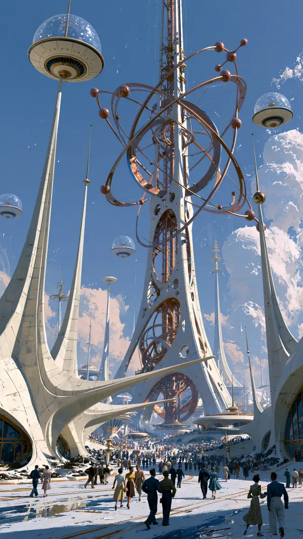Visitors gather beneath a towering atomic monument with orbiting atom sculpture at a retro-futuristic World's Fair plaza.