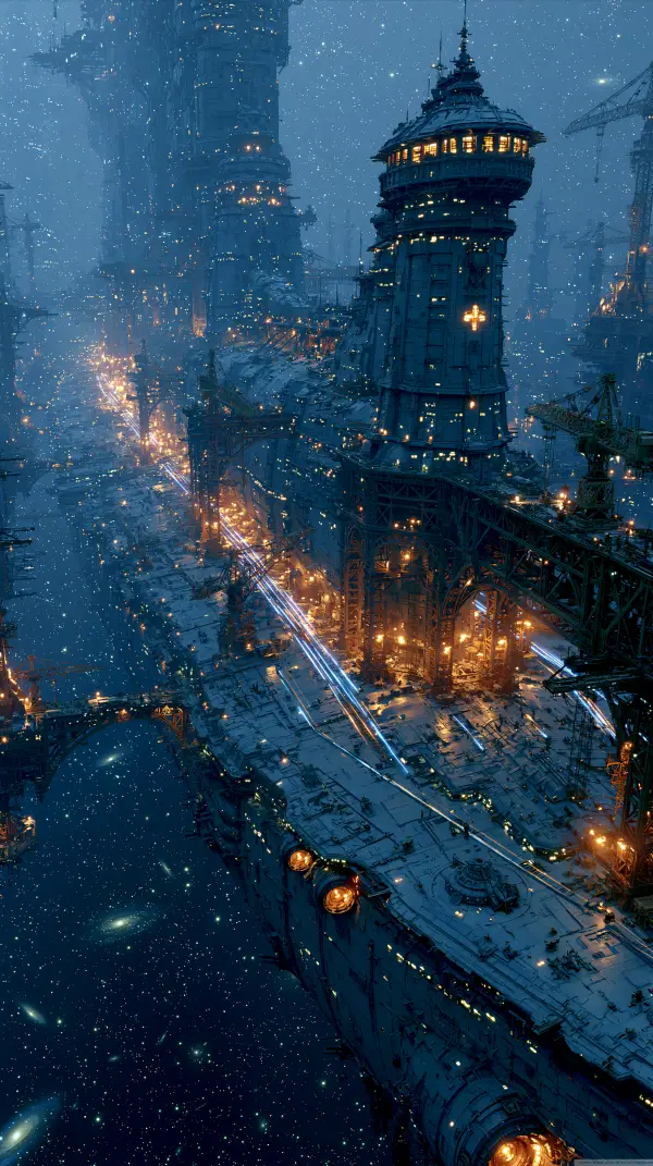 A colossal automated orbital shipyard constructs massive interstellar starships with towering industrial platforms and illuminated docking structures.