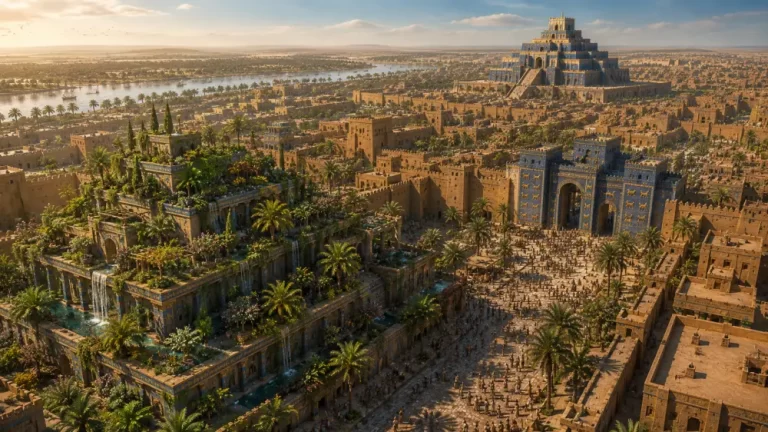 Panoramic view of ancient Babylon with its monumental ziggurat and crowded streets.