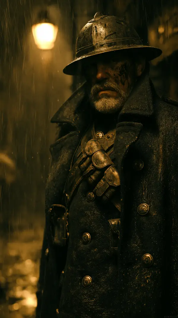 A battle-worn diesel-era infantry veteran standing in heavy rain beneath a dim streetlamp wearing a steel helmet and military coat.