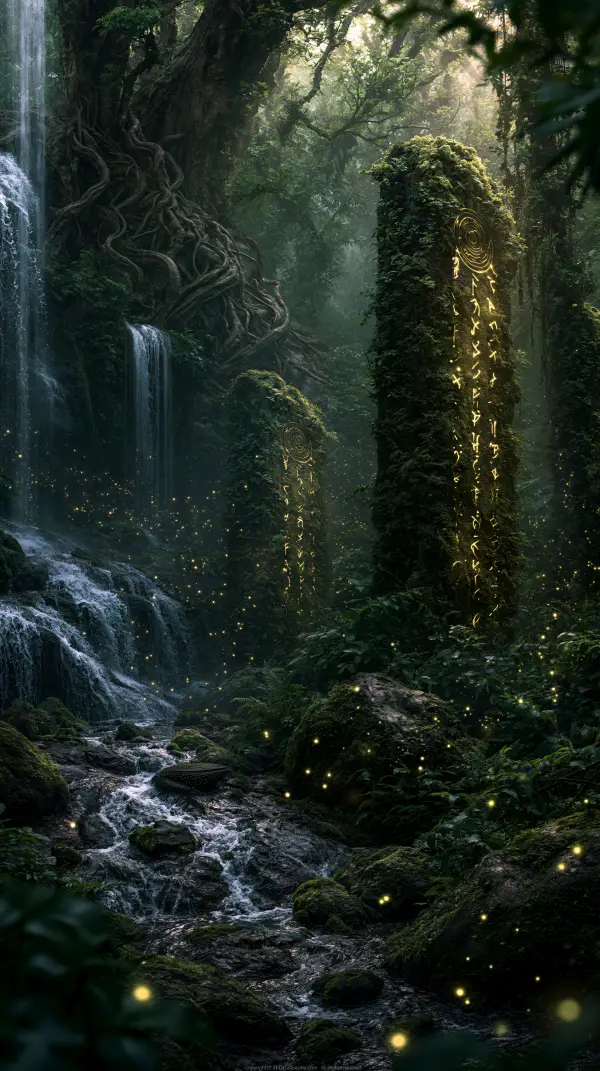 Ancient glowing elven runestones stand beside cascading waterfalls deep within a lush enchanted forest filled with magical light.