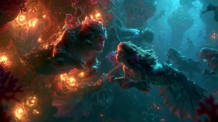 Two mermaids facing each other in a dark bioluminescent underwater forest with glowing plants and shadowy sea creatures.