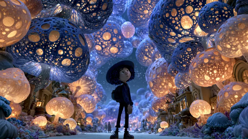 A stylized young explorer with a hat stands on a path surrounded by giant glowing blue and white bioluminescent mushrooms forming an archway