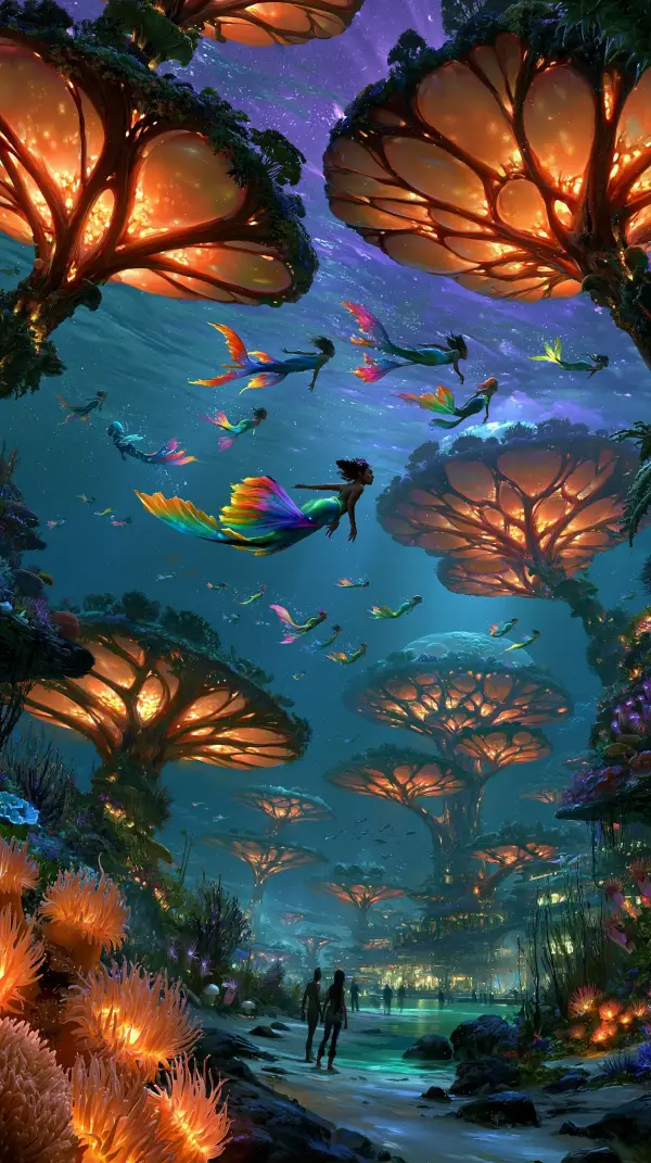 Colorful mermaids swim through a magical underwater forest of glowing coral trees above a peaceful marine settlement.