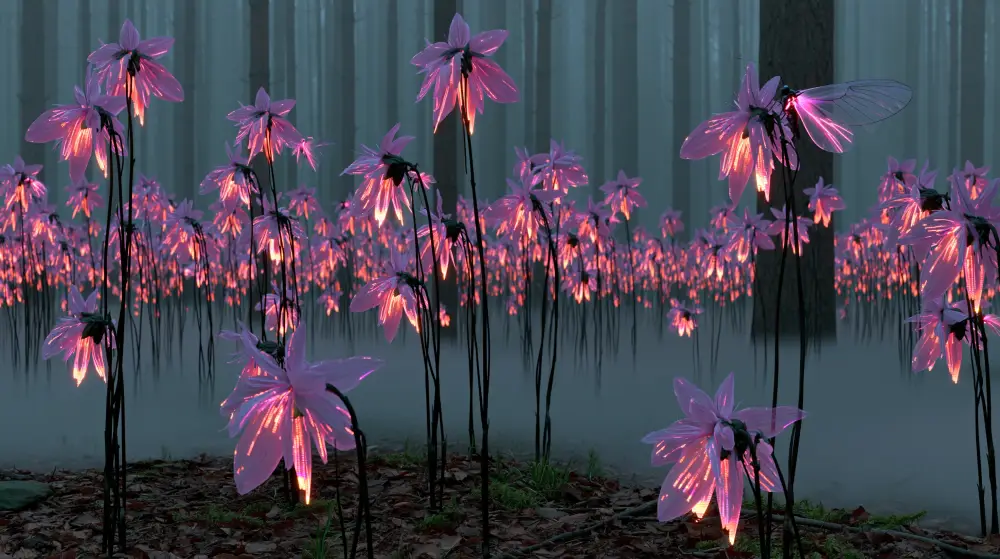 Biopunk Bioluminescent Crimson Flower Forest featuring glowing bioengineered flowers illuminating a misty woodland with luminous insect life.