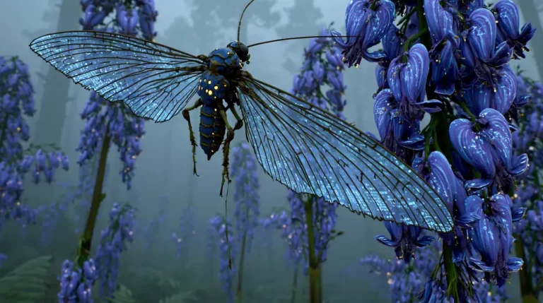 Biopunk Bioluminescent Cyber Cicada Purple Flowers featuring a glowing bioengineered cicada resting on luminous purple blossoms in a misty forest.